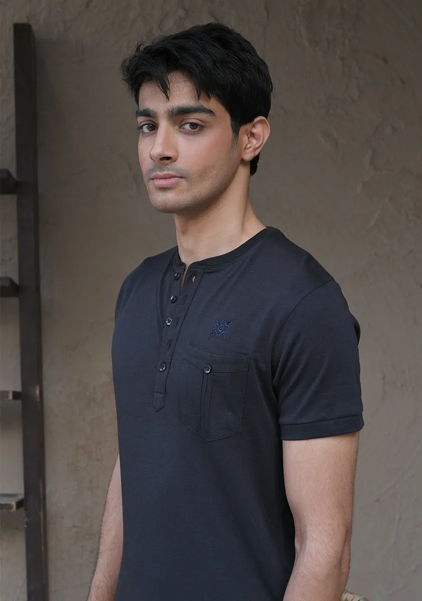 Basic Jersey Henley Pocket Black T-Shirt