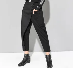 Black Tide Long Harem Elastic Waist Button Fly Front Patchwork Pants