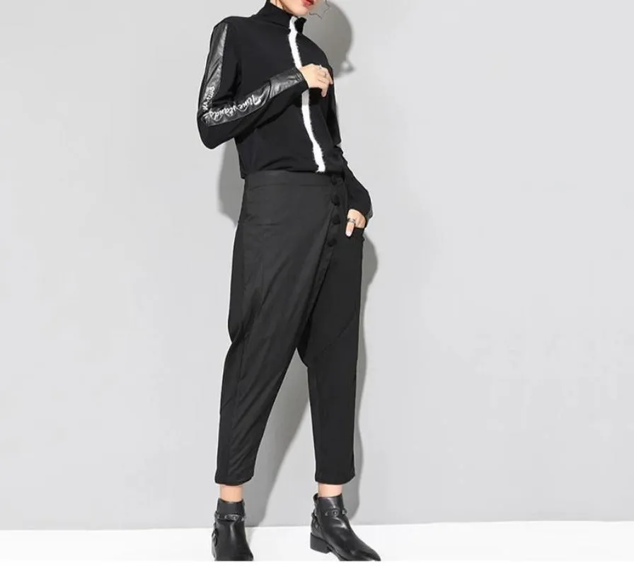 Black Tide Long Harem Elastic Waist Button Fly Front Patchwork Pants