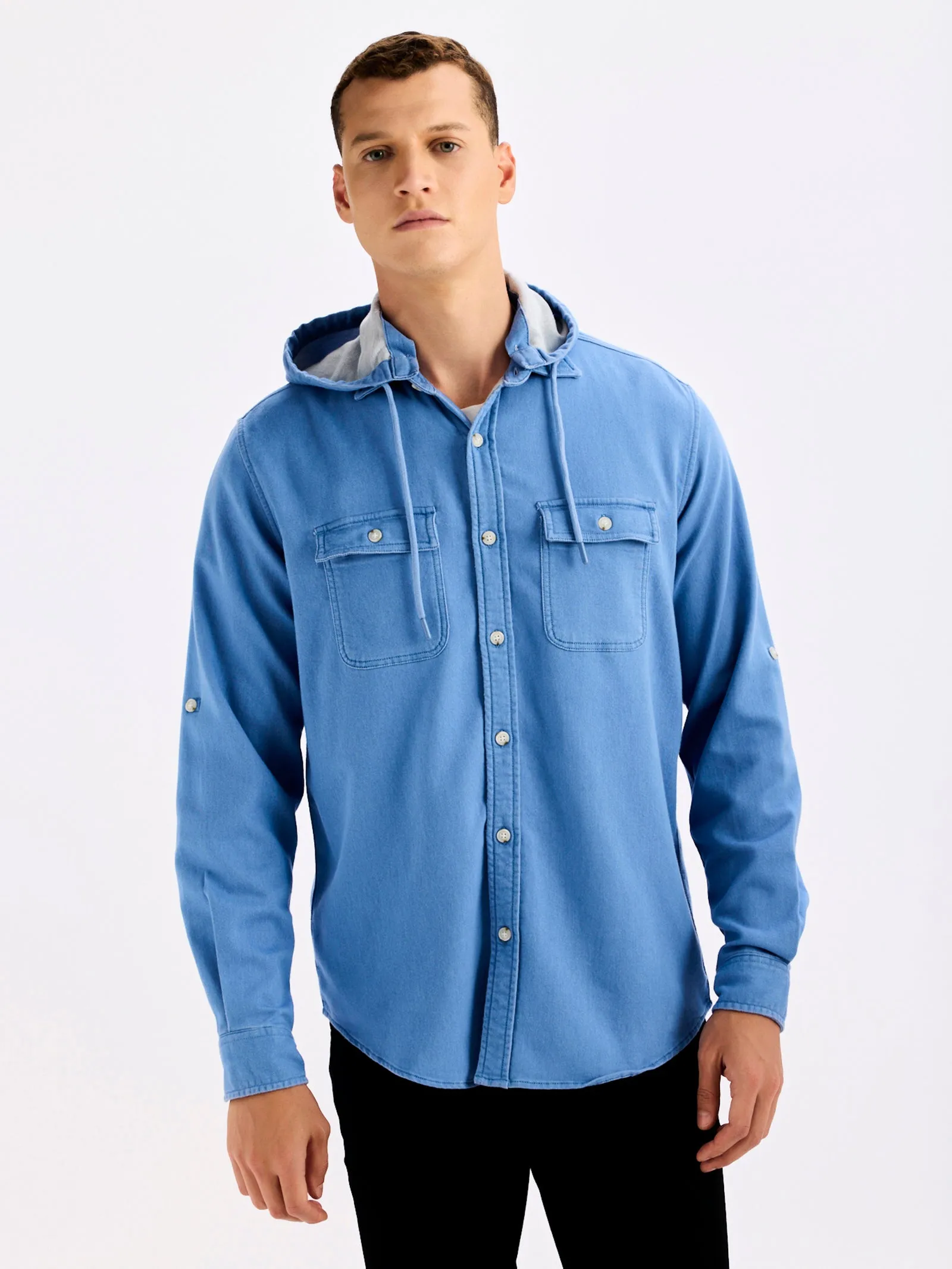 Blue Hooded Denim Shirt