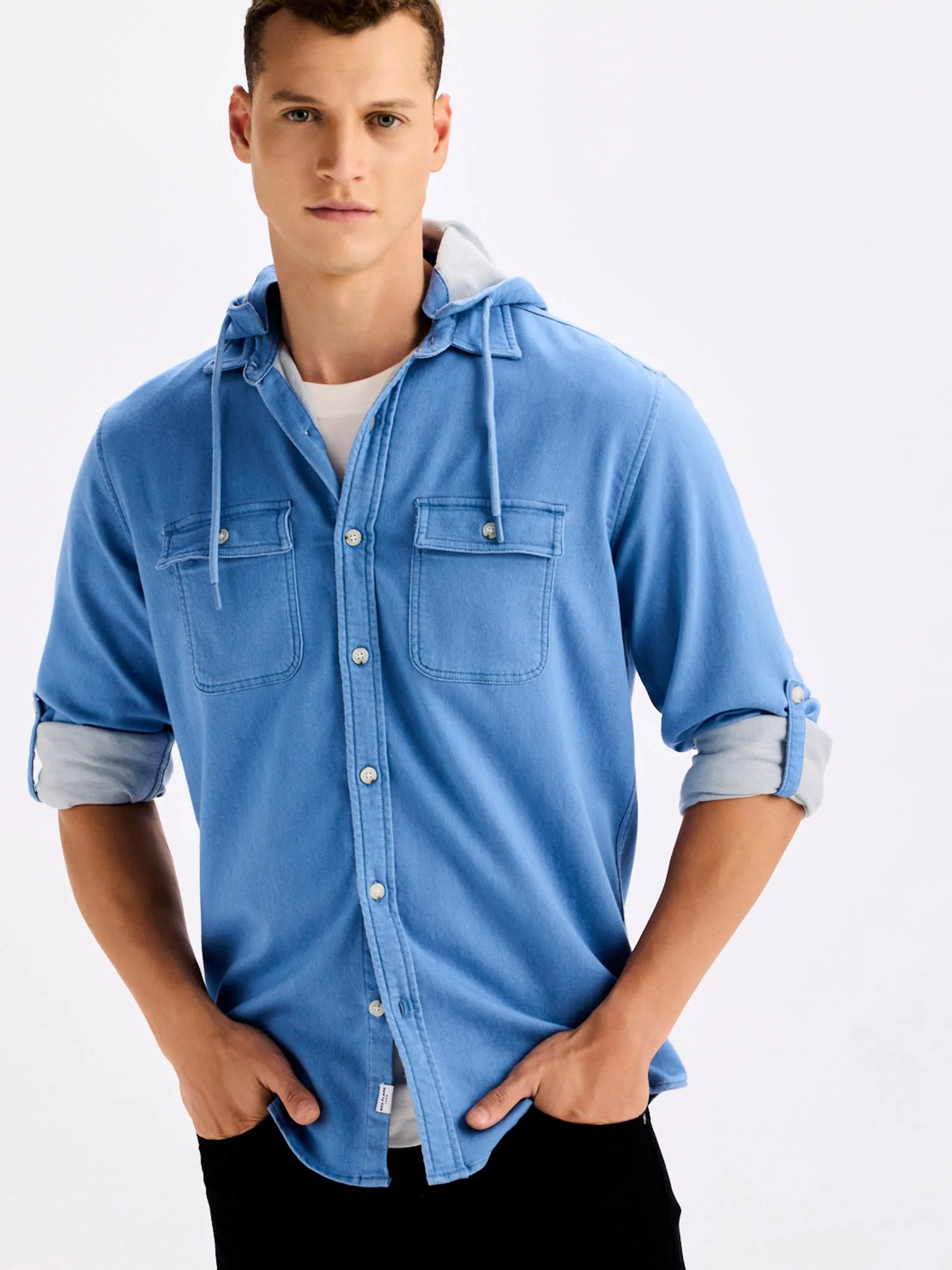 Blue Hooded Denim Shirt