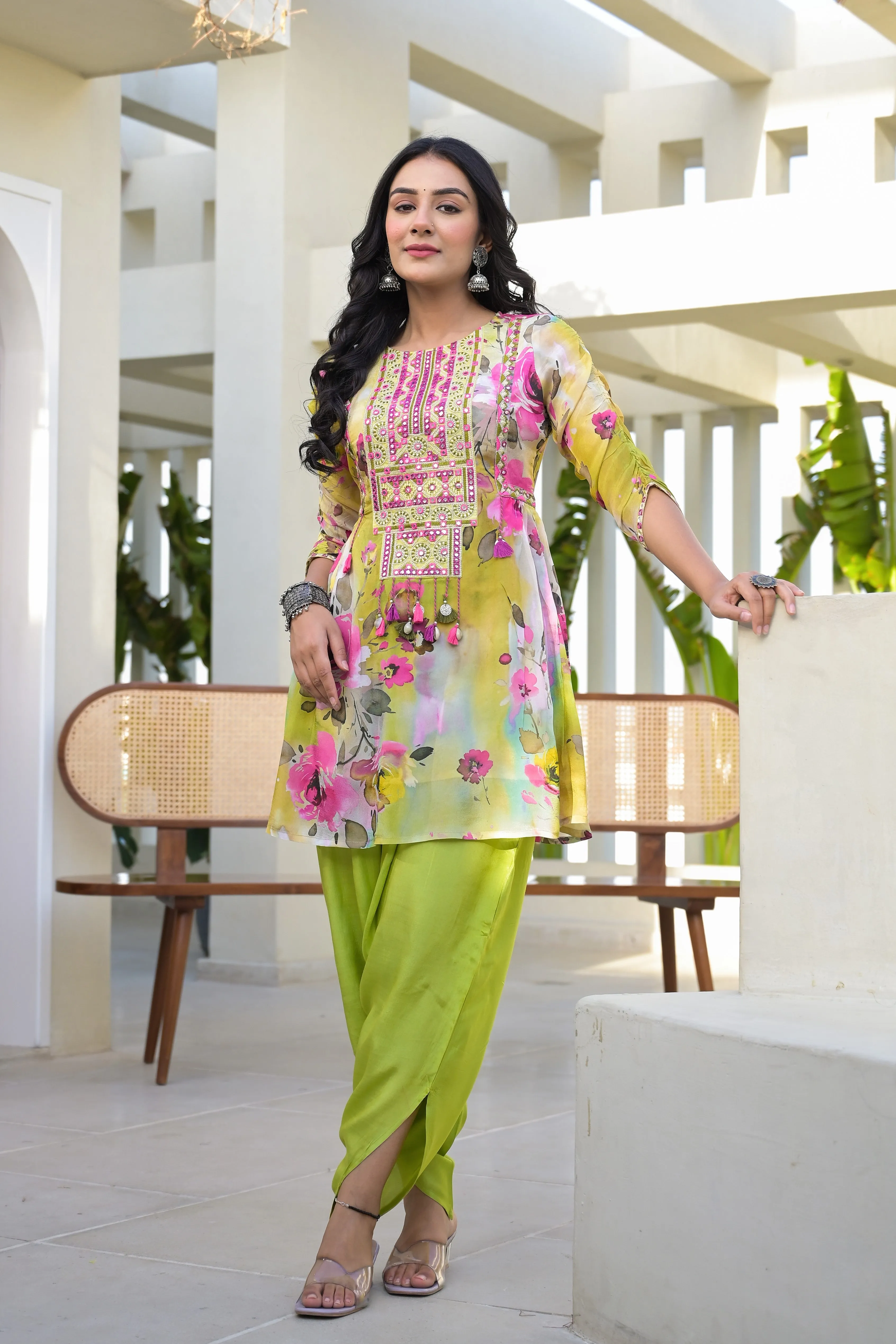 Bright Green Embroidered Premium Chiffon Silk Dhoti Set