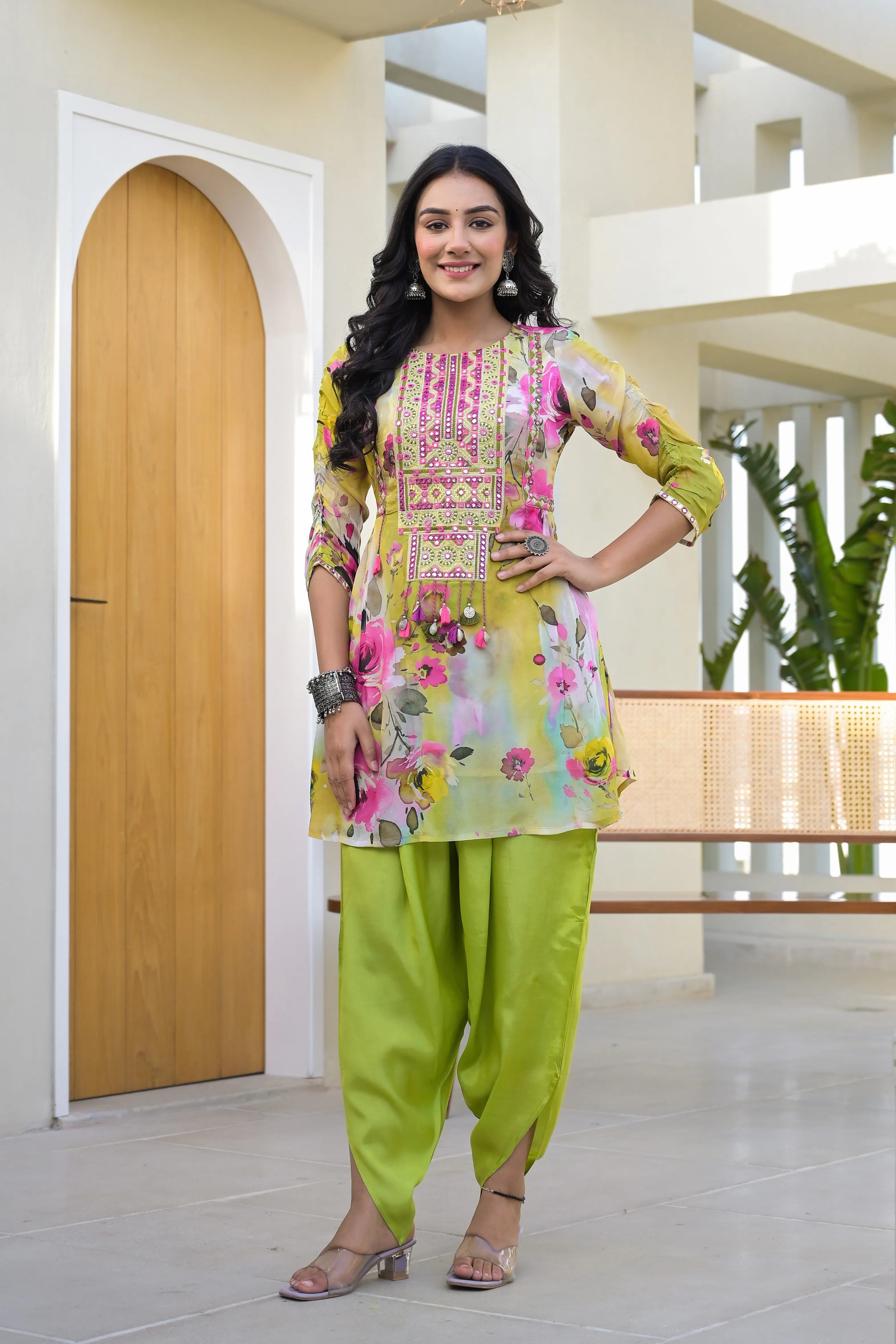 Bright Green Embroidered Premium Chiffon Silk Dhoti Set