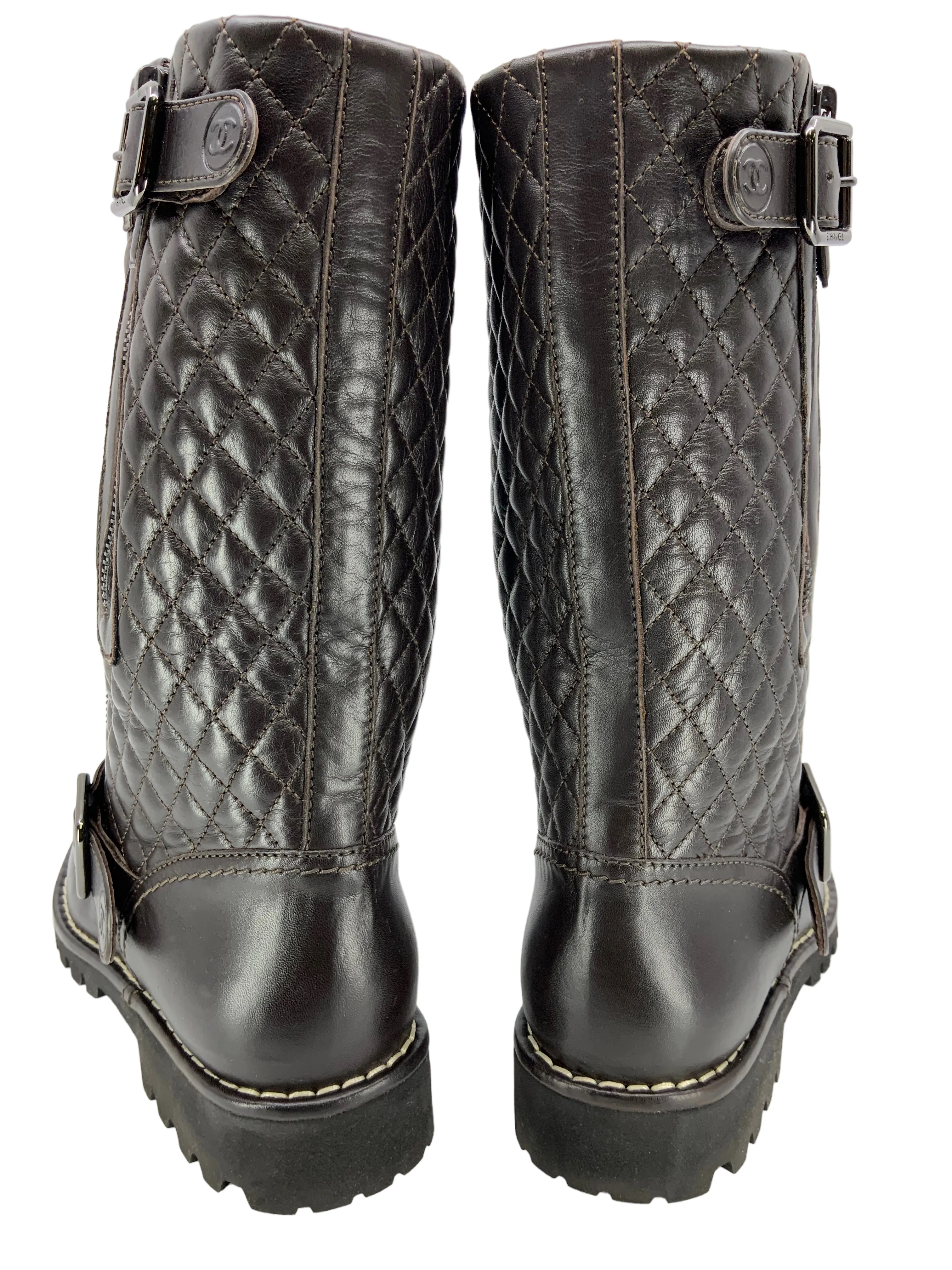 CHANEL Quilted Leather Mid Calf Boots Size 7