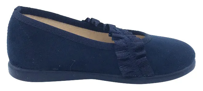 ChildrenChic Girl's Frilly Elastic Mary Jane, Navy Blue Suede