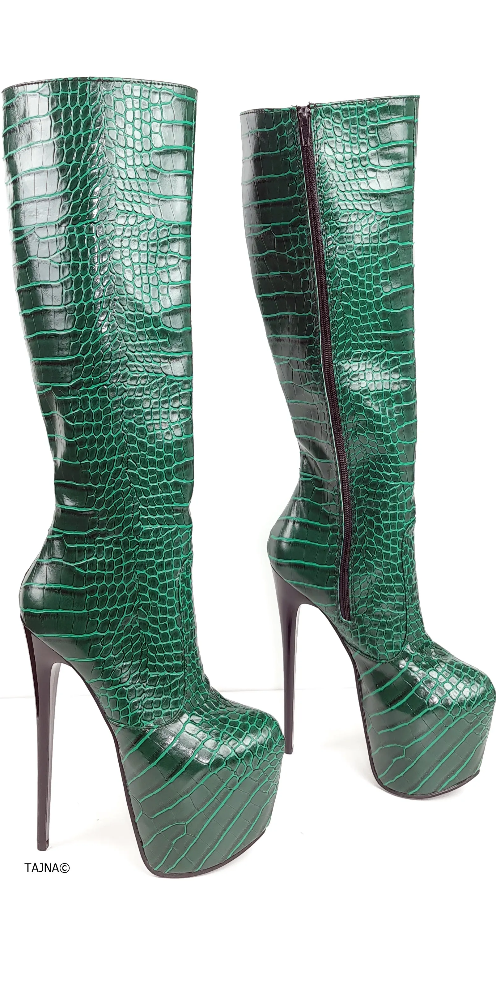 Green Croco Mid Calf High Heel Boots