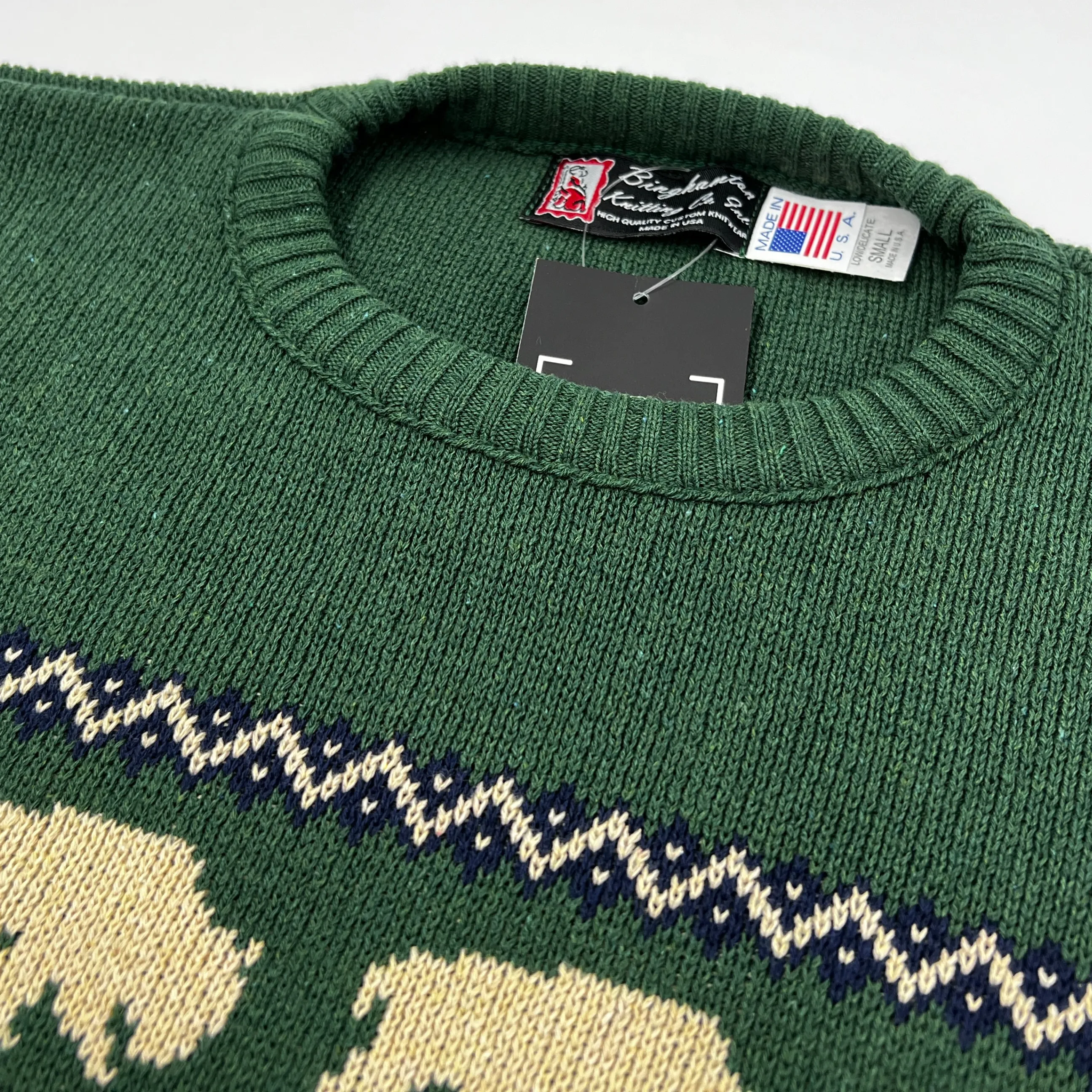 Green Heavy Knit Pullover Sweater With Buffaloes & Navy Pattern