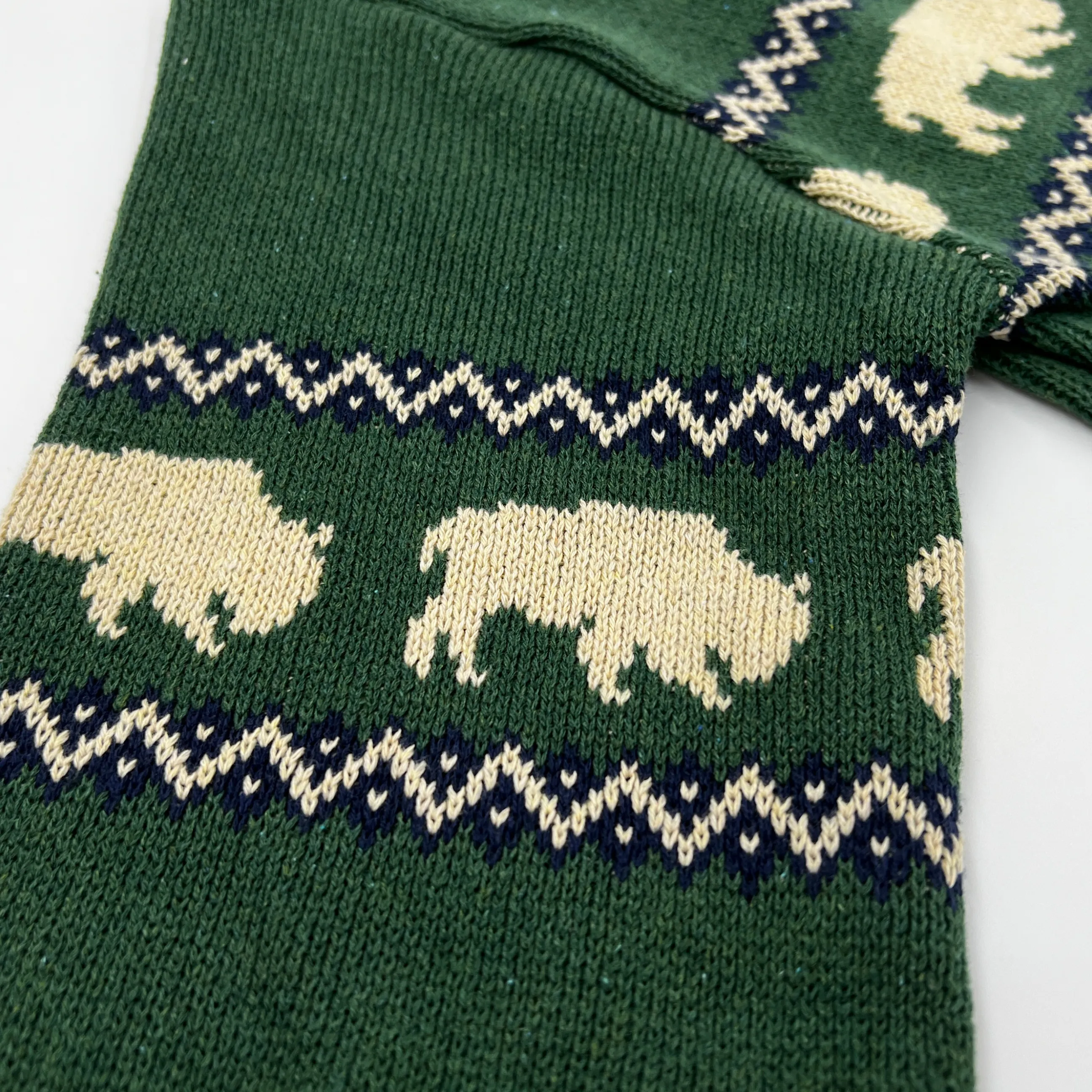 Green Heavy Knit Pullover Sweater With Buffaloes & Navy Pattern