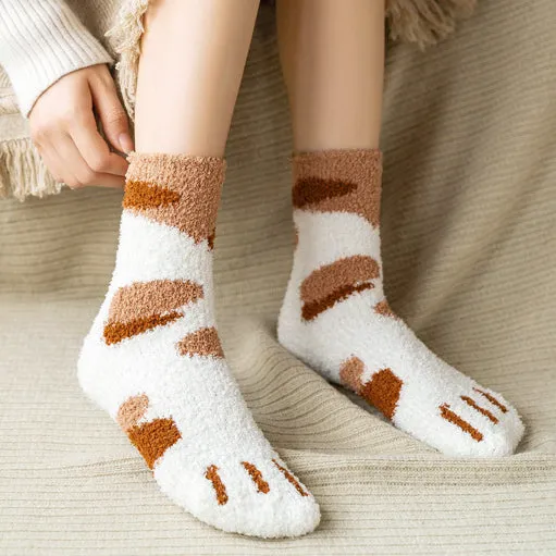 Kawaii Fluffy Room Socks - Cat Paws Brown