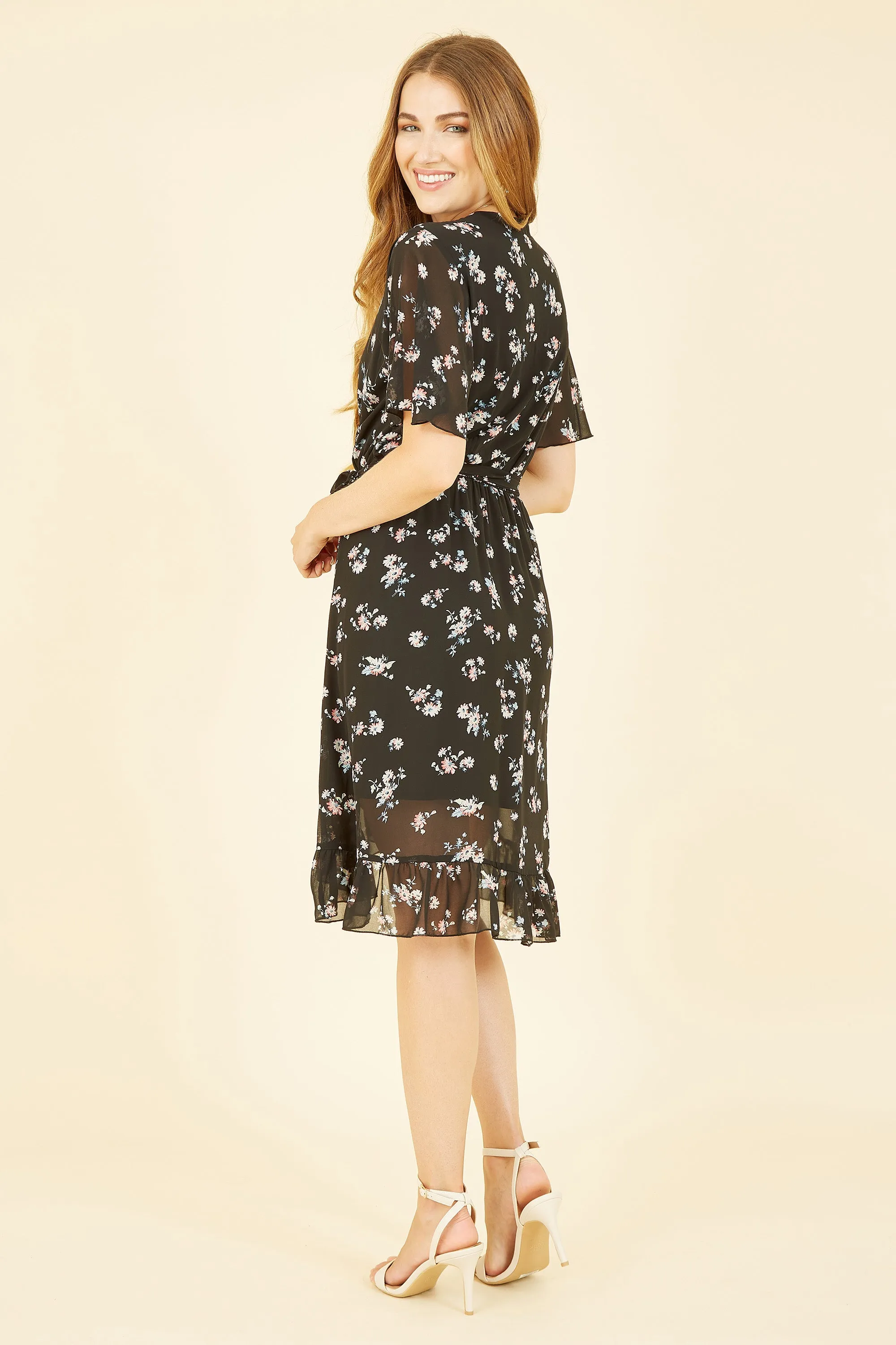 Mela London Black Floral Frill Wrap Dress