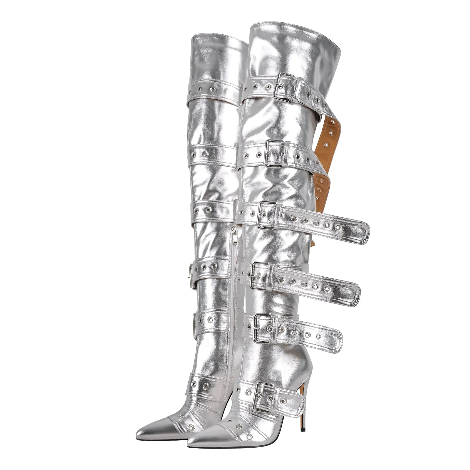 Multi Buckle Strap Thigh High Pointed Toe Stiletto Boots