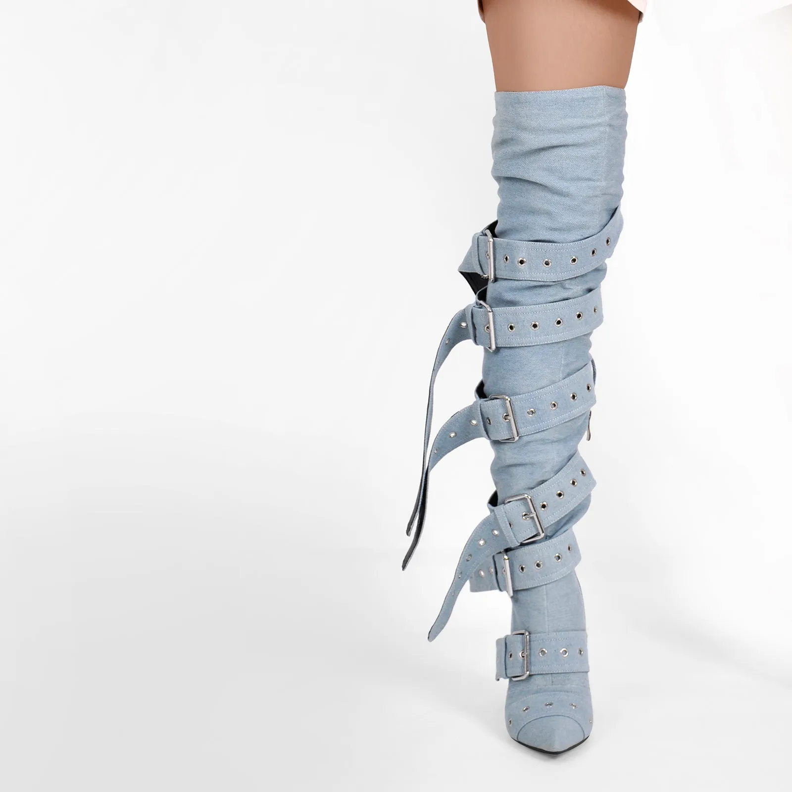 Multi Buckle Strap Thigh High Pointed Toe Stiletto Boots