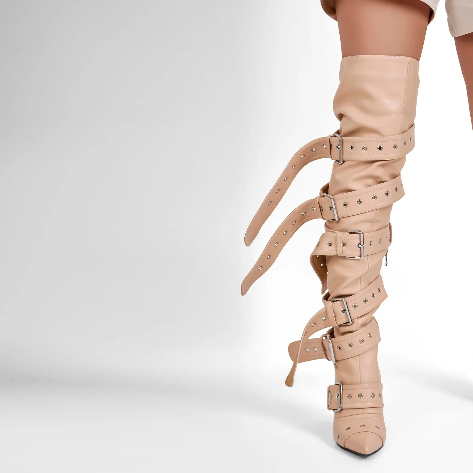 Multi Buckle Strap Thigh High Pointed Toe Stiletto Boots