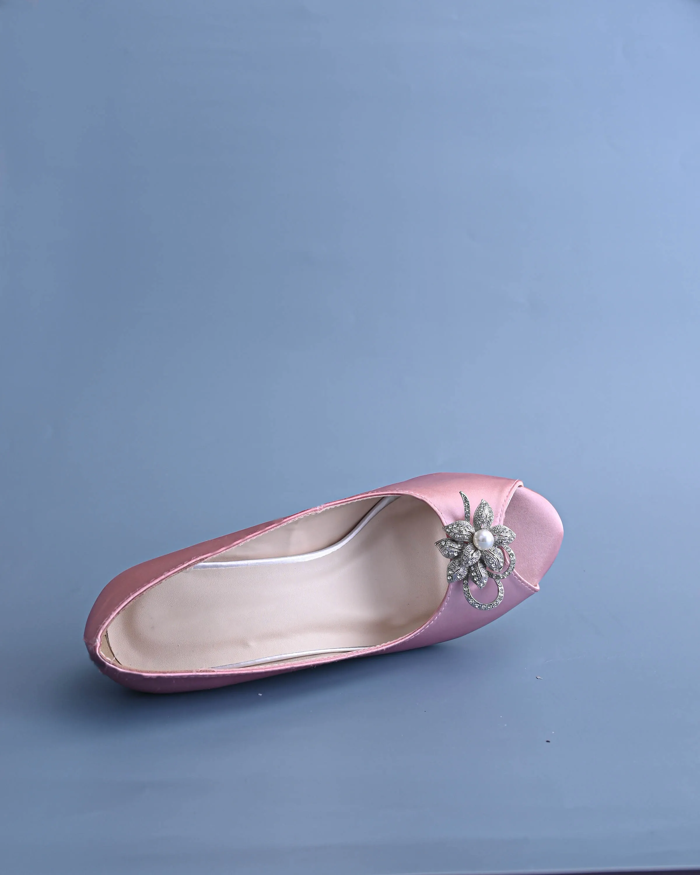 Nicole Blush Bridal Wedges with Crystal & Pearl Flower Adornment