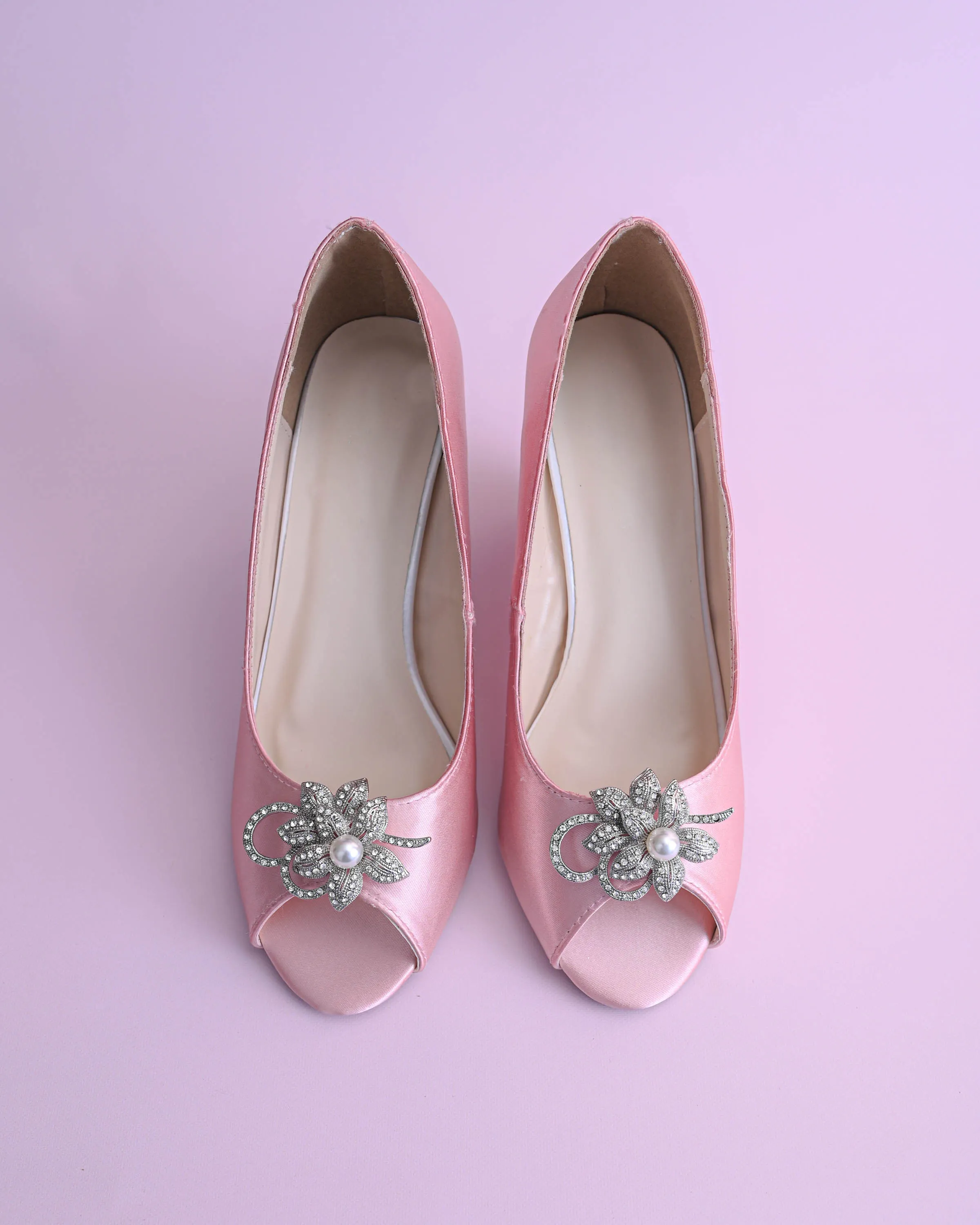 Nicole Blush Bridal Wedges with Crystal & Pearl Flower Adornment