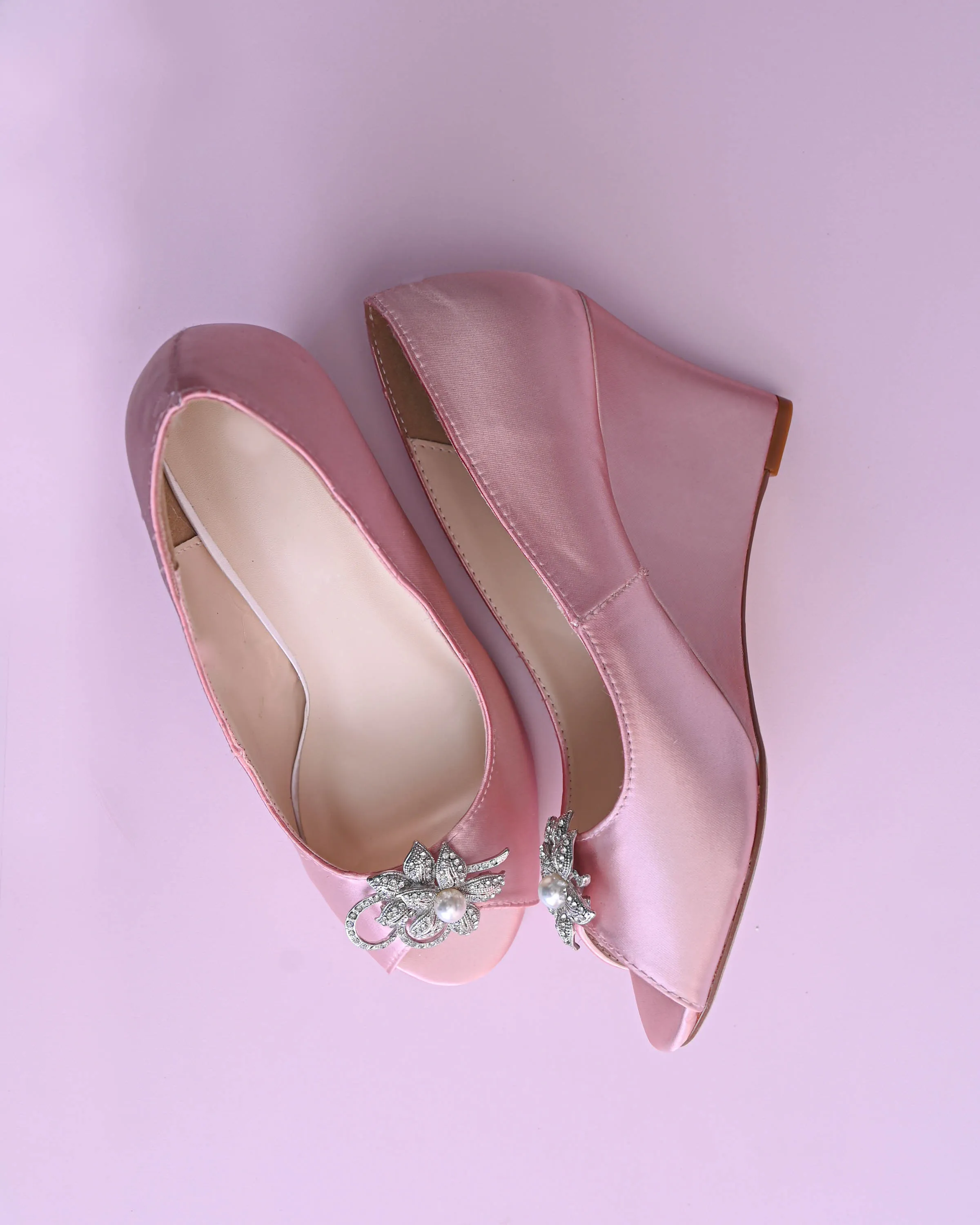 Nicole Blush Bridal Wedges with Crystal & Pearl Flower Adornment