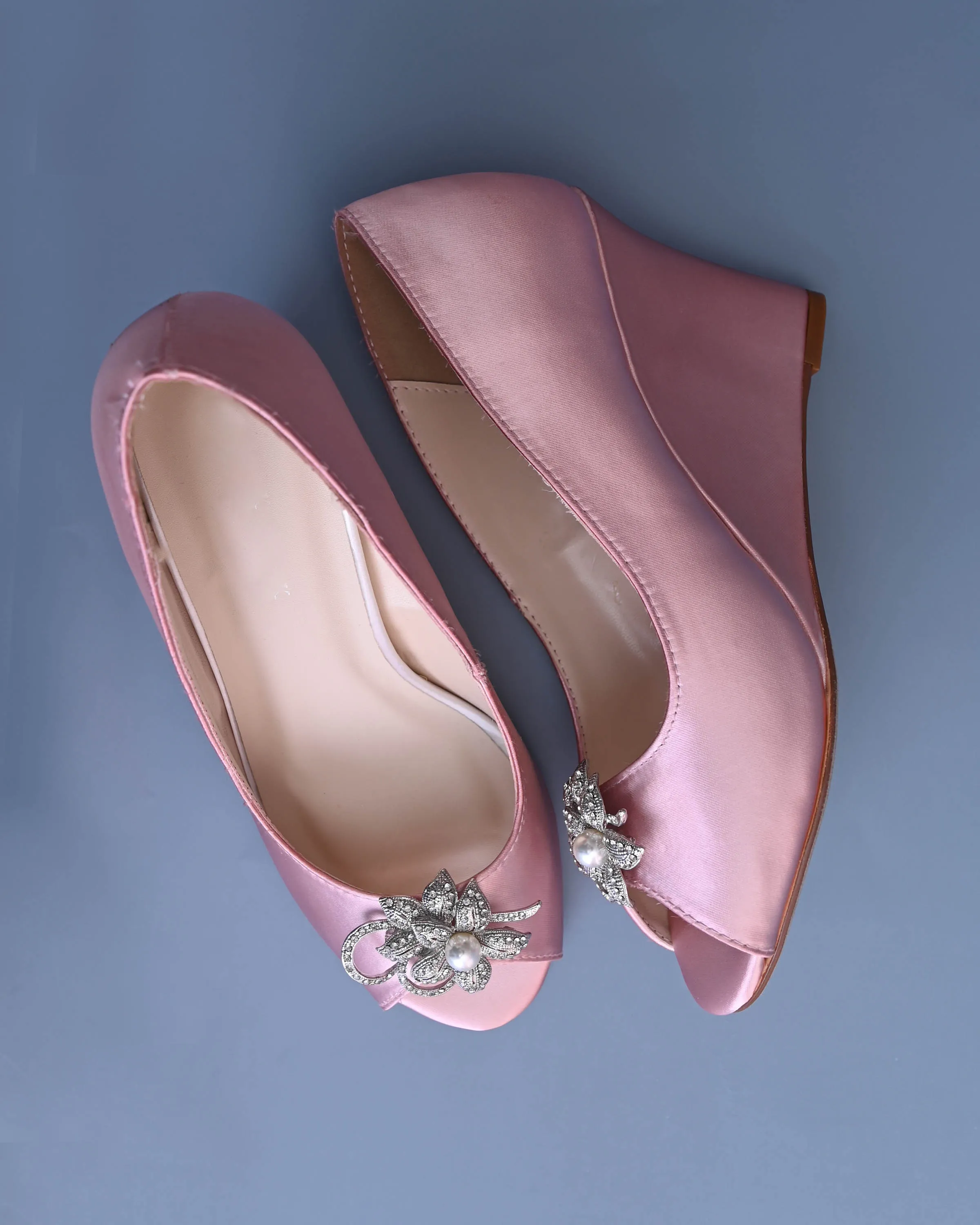 Nicole Blush Bridal Wedges with Crystal & Pearl Flower Adornment