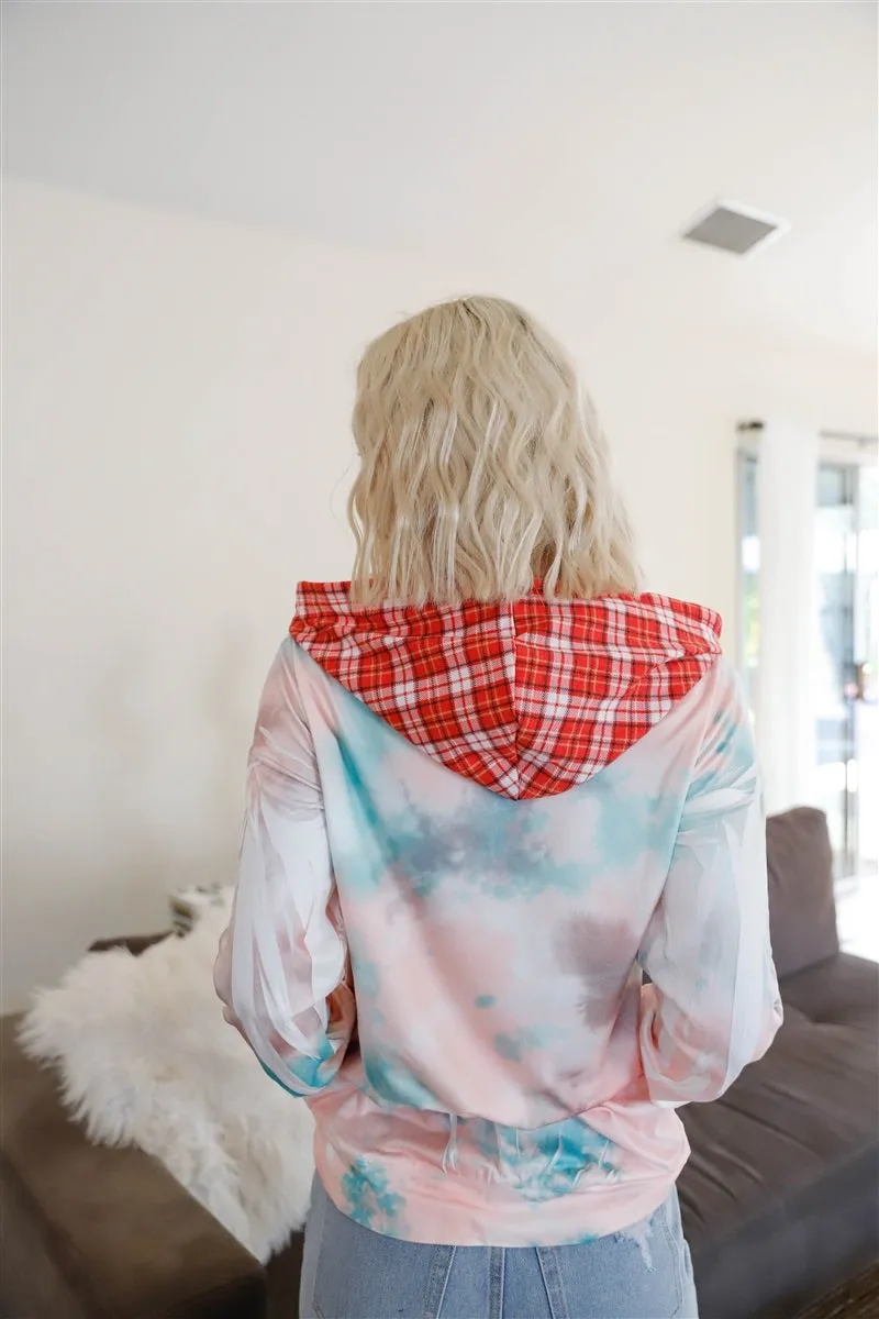 Tie-dye print contrast adjustable drawstrings hood sweater