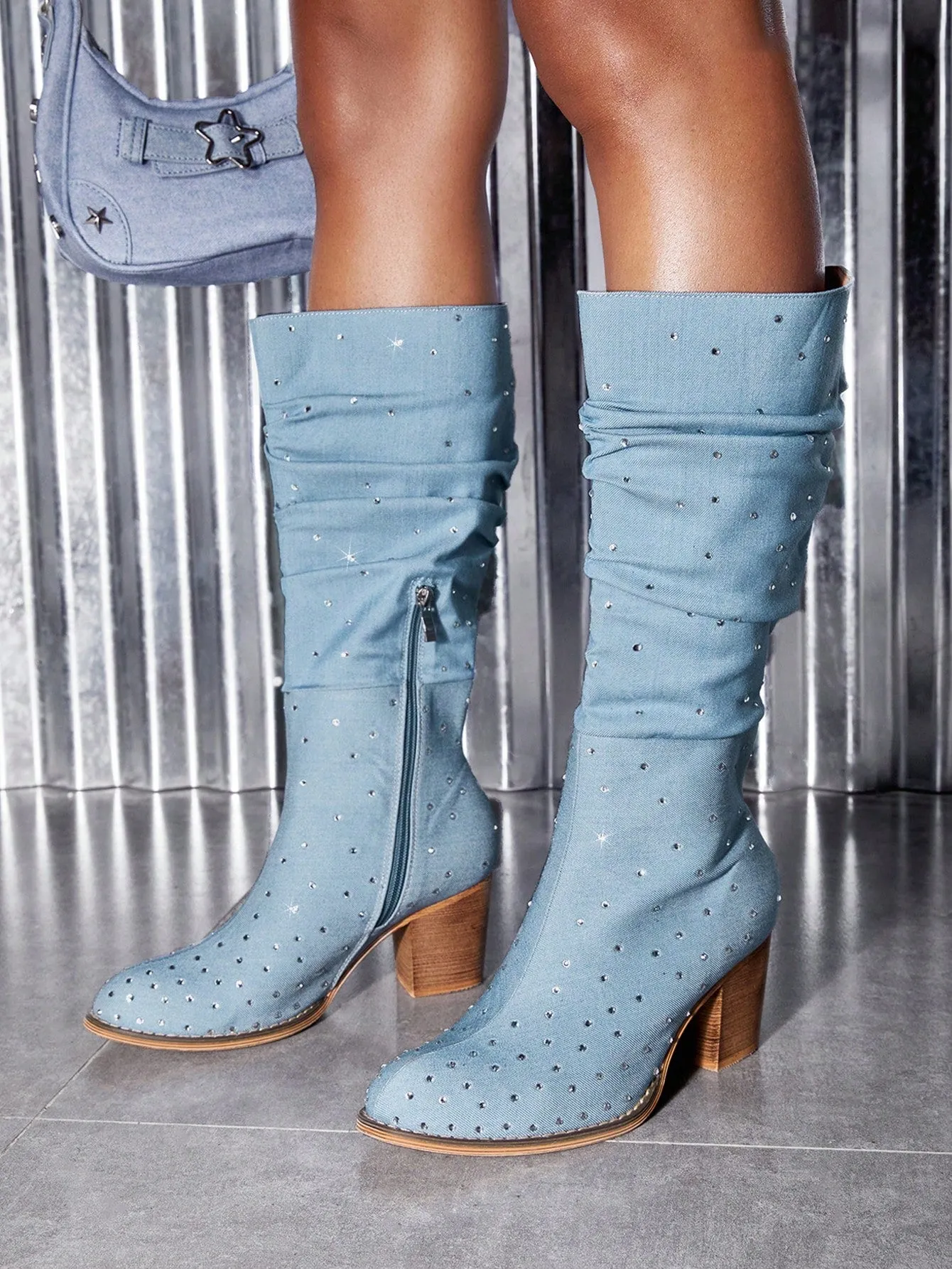 Women Rhinestone Decor Chunky Heeled Boots, Glamorous Outdoor Denim Slouchy Boots